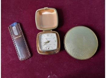 Vintage Assortment Including Westclox, Mirror, And Genuine Leather Nail And Comb Set