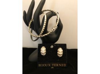 Silver Toned Bangles And  Bijoux Terner Rhinestone Embellished Clip On Earrings