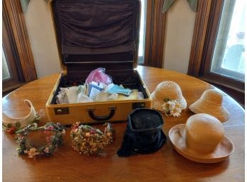 Vintage Suitcase Of Linen, & Hats