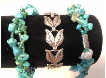 Turquoise Nugget And Seed Pearl Beaded Bracelets And Silver Leaf Motif Bracelet (3 Pcs)