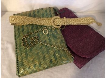 Straw Hand Bags And Gold Tone Woven Belt (3 Pcs)