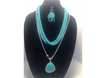 Ann Klein Silver Tone Chain, Turquoise Color Bead Necklace & Earrings And Large Faux Turquoise Pendant (4pcs)
