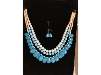 Turquoise  And Bone Colored Bead Jewelry Ensemble (2 Pcs)