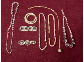 Vintage Jewelry Assortment Including Real And Fauz Pears And Crystal Necklace