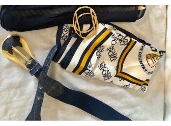 ESCADA SPORT Silk Scarf, Nautical Scarf, Blue Leather Faux Croc Belt And Clutch (4pcs)