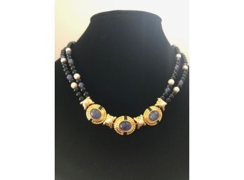 1980s Vintage Napier Blue Stone And Faux Pearl Necklace And Earrings Ensemble ( 3 Pcs)