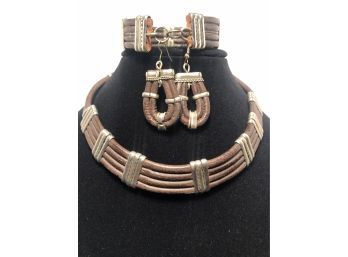 New 'old Stock' Brown Leather And Silver Accent Collar Necklace, Bracelet And Drop Earrings (3 Pcs)
