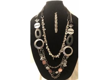 Jewel Kade Necklace With Ribbon Closure, Chicos Circle Chain And Bead Necklace, Silver Tone Bracelet (3pcs)