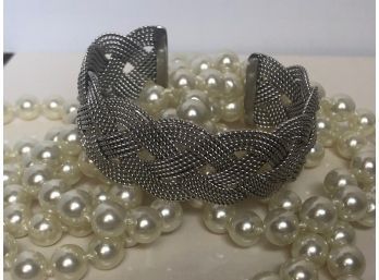 Silver Tone And Faux Pearl Necklaces And Bracelet (3 Pcs)
