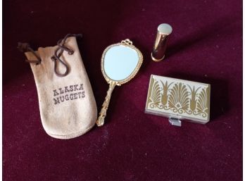 Vintage Makeup Assortment Including Powder Brush, Mirror, And More