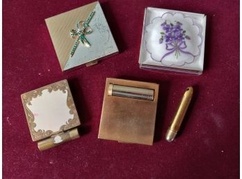 Vintage Powder Compact Assortment Including Powder Brush's, Alba Embroidered Cotton Baumwolle, And More