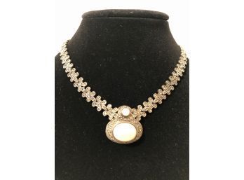 Vintage Markasite And Silver Necklace With Large Mother Of Pearl Accent Stones