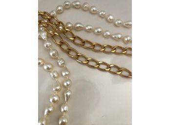 Gold Tone Chain Link Necklace And Simulated Pearl Necklace (2pcs)