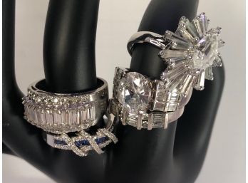 Silver And CZ & Faux Sapphire Band Style Rings And Costume CZ Cocktail Ring (5 Pcs)