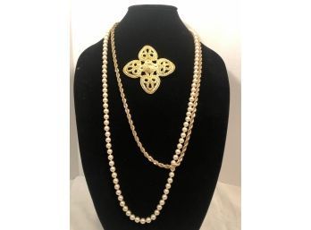 Simulated Pearl Necklace With Gold Tone Clasp, Gold Chain And Vintage Brooch