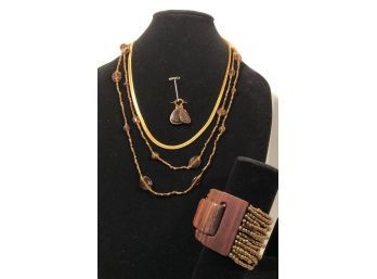 Wood Accent, Brass And Copper Colored Beaded Jewelry Ensemble ( 4 Pcs)