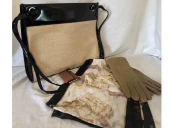 Pierre Cardin Purse, Leather Gloves, Satin Scarf And Vintage Leather Key Case ( 4pcs)