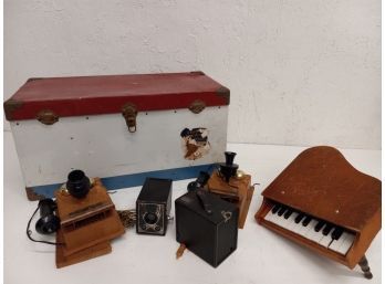 Vintage Assortment Including Union Pacific Railroad Chest, Toy Piano (missing A Leg), And Roy Rogers Phone