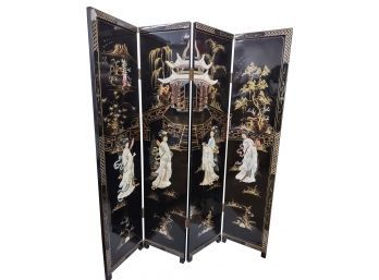 Four Panel Black Lacquer 3D Asian Screen