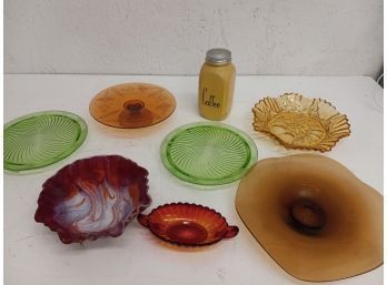 Vintage Colored Glass Assortment Including Depression Glass Platters, Coffee Jar, And More