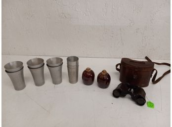 Vintage Assortment Including WW 2 Era Binoculars (british), Hull Salt And Pepper Shaker, And Leumas Cups