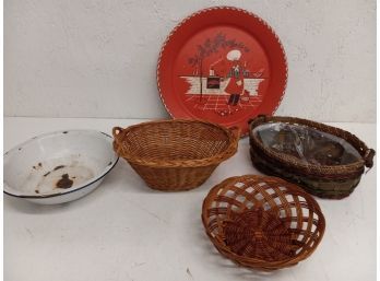 Vintage Basket Assortment, Enamel Bowl, And More