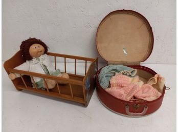 Vintage Cabbage Patch Doll, Doll Crib, And Doll Suitcase With Clothes
