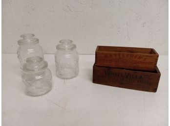 Vintage Glass Canisters, Mayflowers Cream Cheese Crate, And White Villa Crate