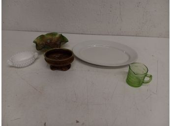 Vintage Assortment Including Uranium Glass Measuring Cup, Carnival Glass, And More