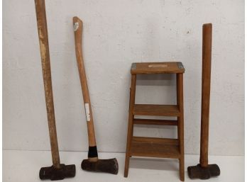 Vintage Tool Assortment Including Step Ladder, Mallets, And Axe
