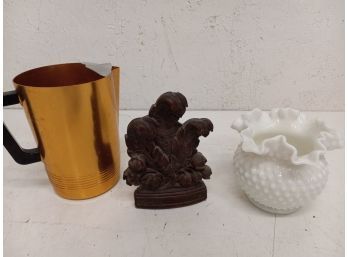 Vintage Assortment Including Milk Glass, Bookend, And Pitcher