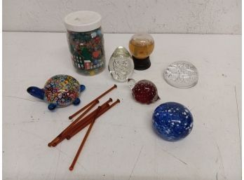 Vintage Assortment Including Paper Weights, Marbles, And More