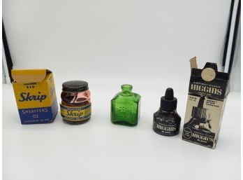 Higgins Black Waterproof Ink, Green Wheaton Glass Ink Bottle, & Sheaffers Red Ink