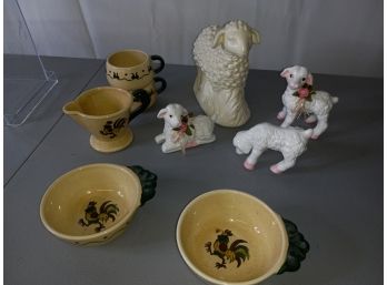 Sheep Ceramics, & Partial Rooster Dish Set