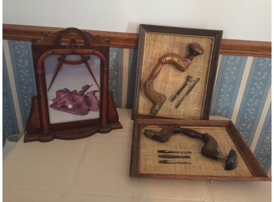 Antique Framed Carpenter Bit Brace Drills, Handmade Tool Frame 2 Store Bought- Aurora, IN