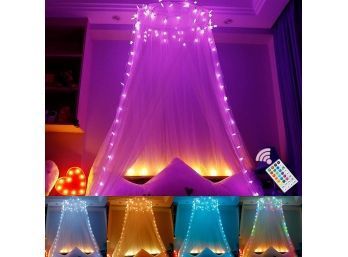 Pink Girls Bed Canopy With Light Up Stars