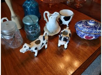 Vintage Glass Assortment, Cow Creamers, Candle Holder, Vintage Jars, And More