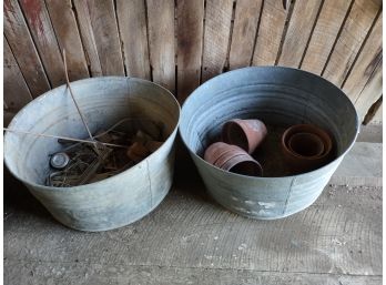 2 Galvanized Tubs With Clay Flower Pots