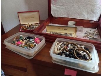 Vintage Assortment Of Jewelry In Case Including Pins, Clip On Earrings, And More