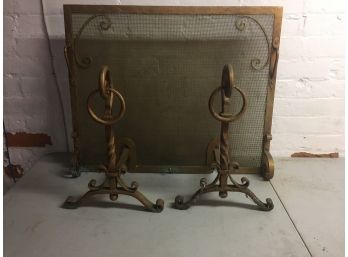 Vintage Fireplace Screen And Andirons