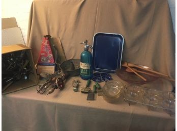 Vintage Kitchen Assortment- Wagner Seltzer Water, Green Wooden Handle Gadgets And More