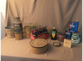 Vintage Products Assortment-Quaker State(has Dent) With Oil, Qvo With Oil, Band-aid, Lysol, Coke,