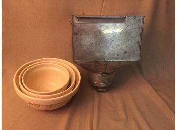 Vintage Metal Flor Sifter And Mixing Bowls