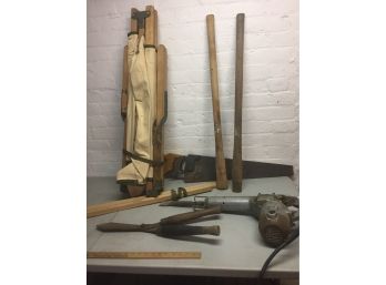 Canvas Cot And Vintage Tool Assortment