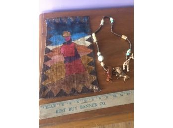 African Cloth Wall Hanging And Wooden Necklace