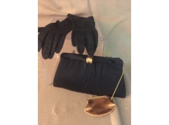 Vintage Black And Gold Clutch Purse With Gloves
