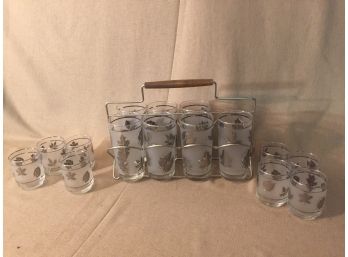 Libby Silver Leaf Glasses, Large In Carrying Case (Missing 1) 8 Smalls