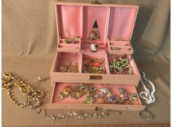 Vintage Jewelry Box With Large Assortment Of Costume Jewelry
