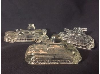 Antique Glass Candy Holder, 2 Tanks, 1 Firetruck