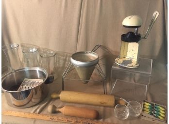 Vintage Kitchen Items, Juicer, Rolling Pins, Corn Holders And More